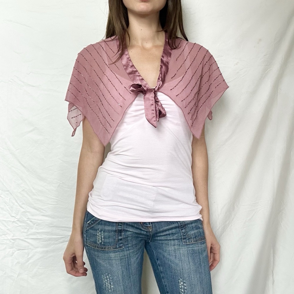 2000s Pink Beaded Sheer Shawl Y2K Fairy Whimsy Dainty Festival